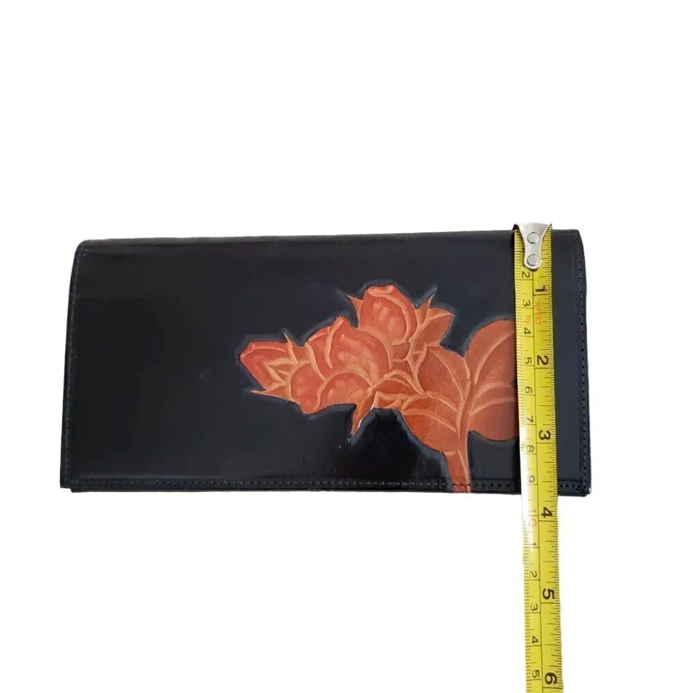 Handmade Japanese carved leather wallet navy blue with brown flowers - Picture 13 of 13